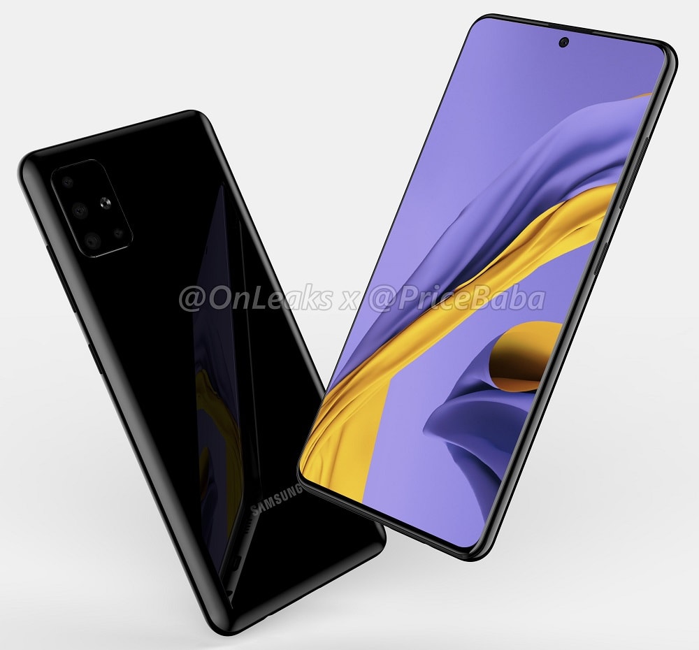 Diseño frontal y dorsal del Samsung Galaxy A51 en un renders 3D.