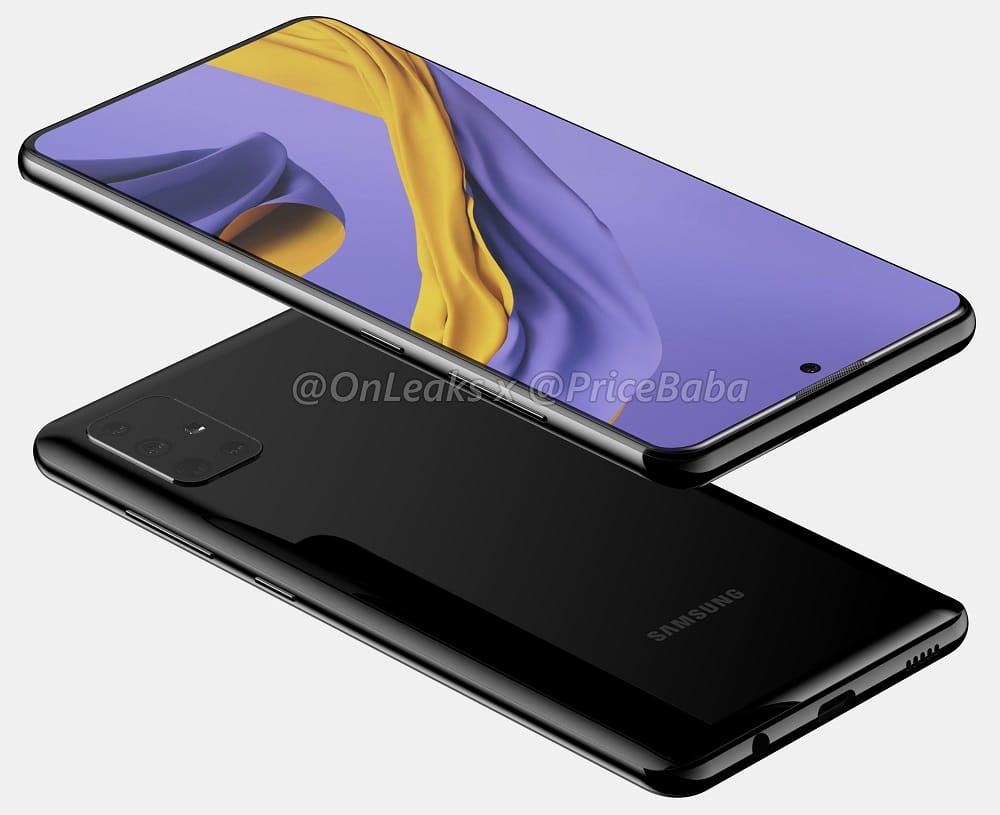 Render 3D mostrando el diseño completo del Samsung Galaxy A51.