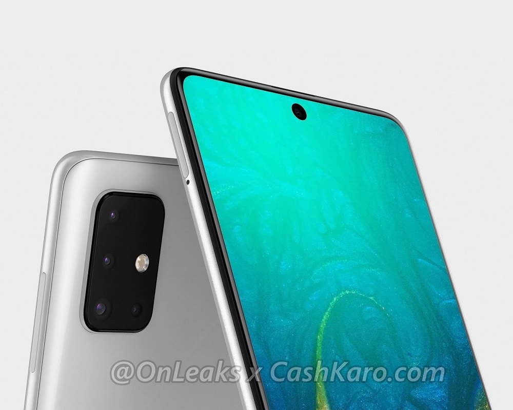 Render 3D filtrado del extremo superior frontal y dorsal del Samsung Galaxy A71.