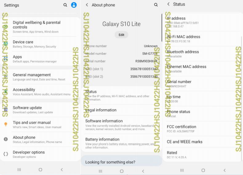 Información sobre el Samsung Galaxy S10 Lite provista por la FCC.