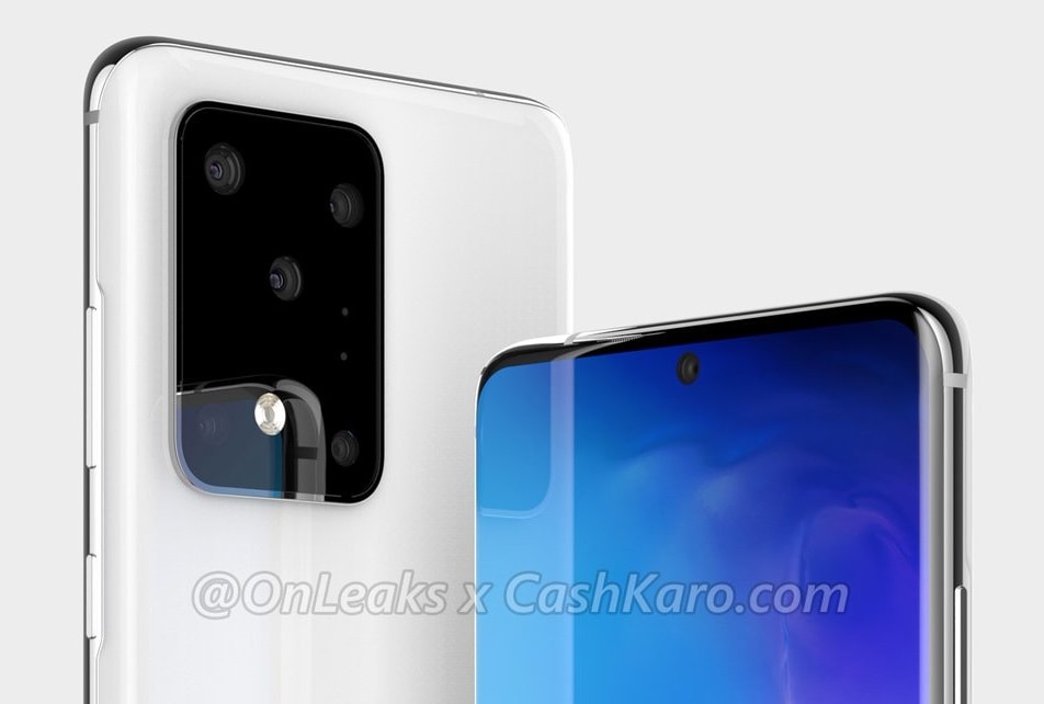 Render 3D del Samsung Galaxy S11+ mostrando su mitad superior frontal y dorsal.