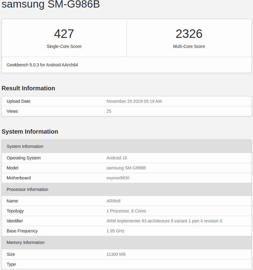 Prueba de rendimiento del Samsung Galaxy S11 5G en Geekbench.