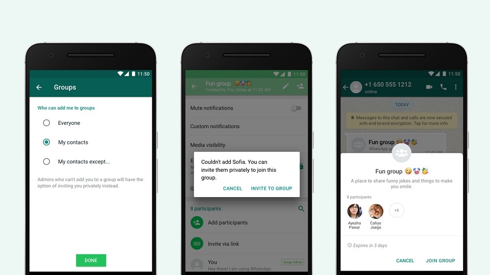 Ilustración de cómo funciona la nueva privacidad de grupos en WhatsApp.