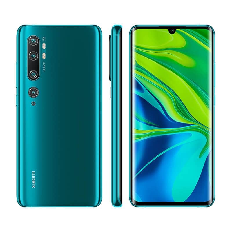 Diseño frontal, dorsal y lateral del Xiaomi Mi CC9 Pro en color Aurora Green.