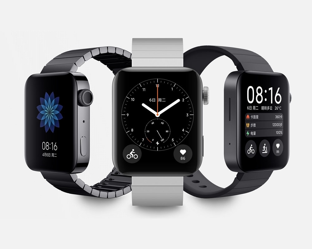 Diseño frontal del Xiaomi Mi Watch en sus dos variantes de color con diferentes mallas.