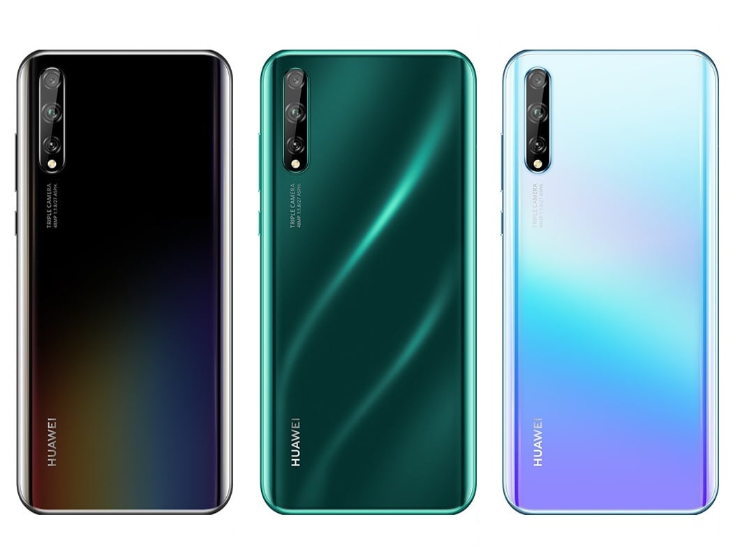 Render oficial del dorso del Huawei Enjoy 10S mostrando sus tres colores de partida.