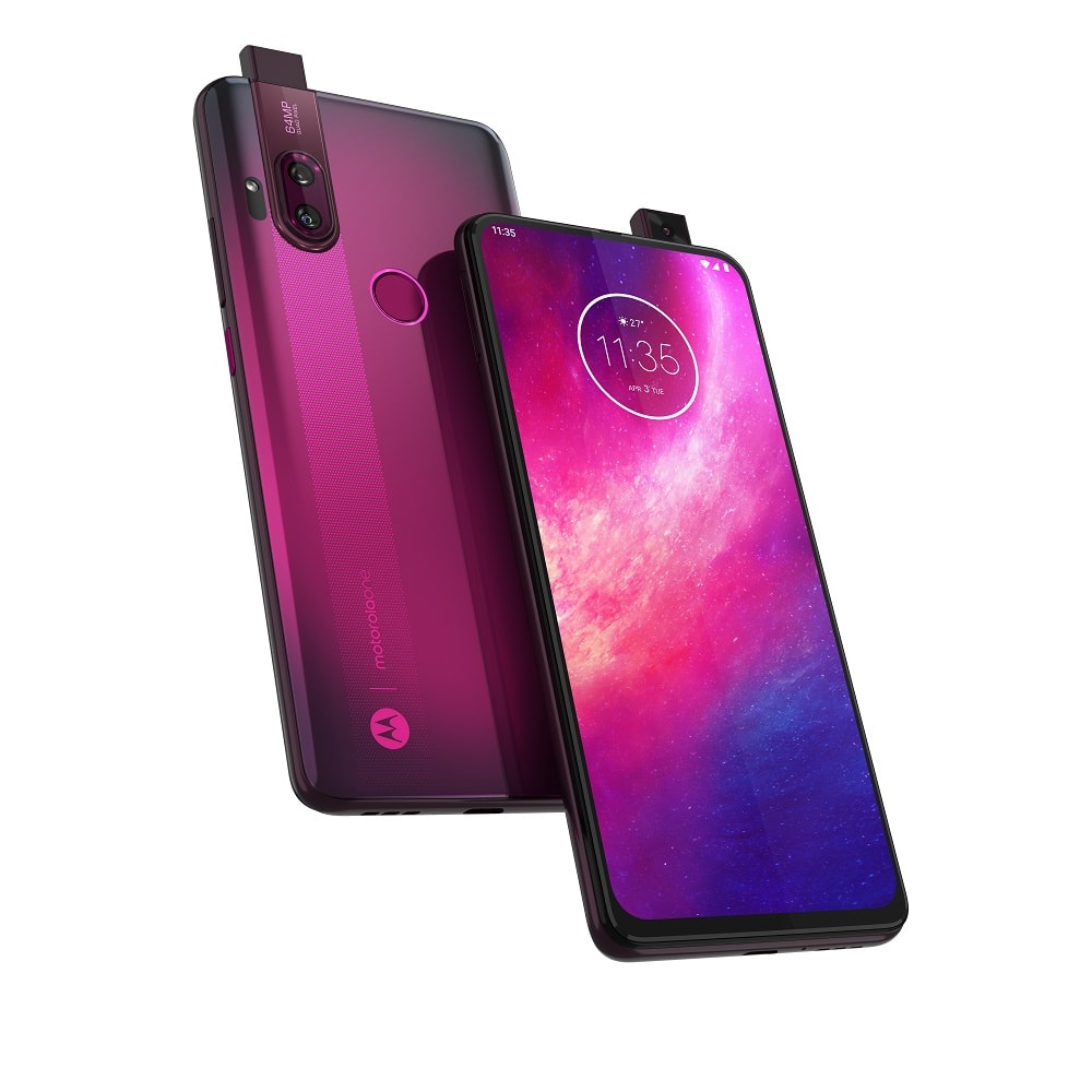 Render frontal y dorsal del Motorola One Hyper color Fresh Orchid.