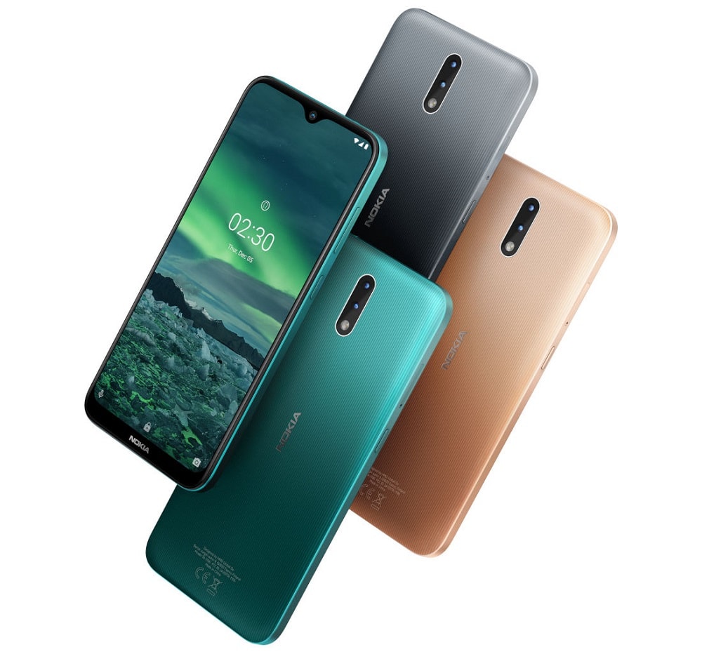 Render oficial del Nokia 2.3 mostrando su diseño completo en sus tres colores de partida.
