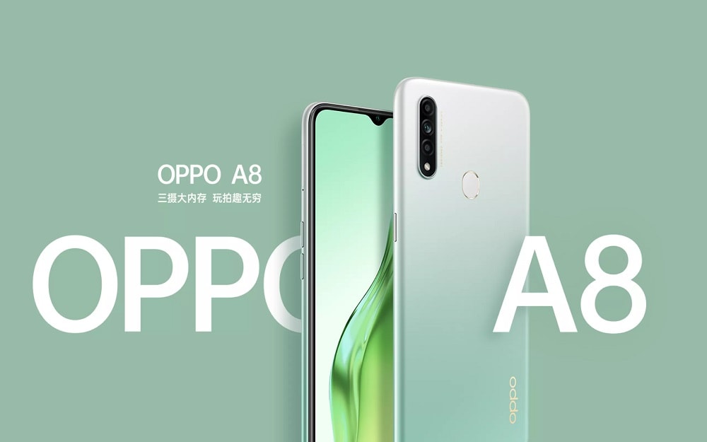 Render oficial del diseño frontal y dorsal del OPPO A8 color blanco.