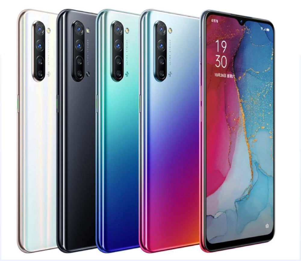 Render oficial del OPPO Reno 3 en sus cuatro colores de partida.