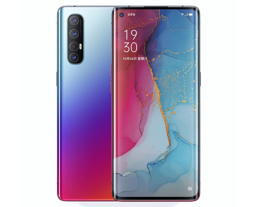 Render oficial del OPPO Reno 3 mostrando su diseño frontal y dorsal.