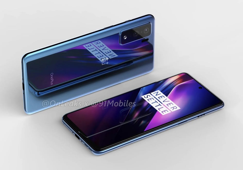 Render 3D del diseño frontal y dorsal del OnePlus 8 Lite.