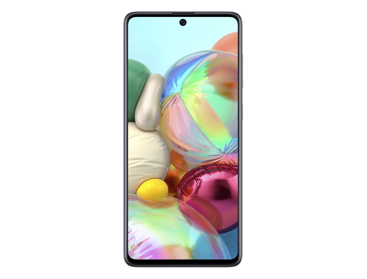Render oficial del diseño frontal del Samsung Galaxy A71 color negro.