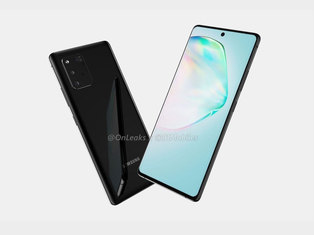 Render 3D filtrado del diseño frontal y dorsal del Samsung Galaxy A91.