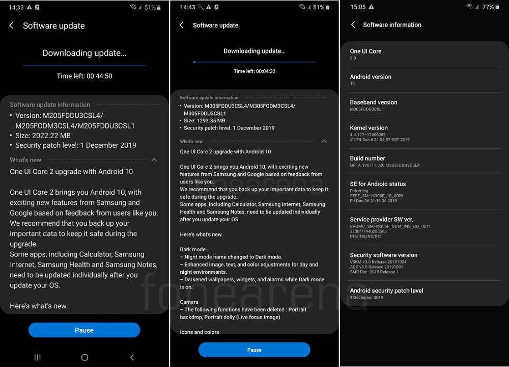 Capturas de pantalla de la actualización a Android 10 de los Samsung Galaxy M30 y Galaxy M20.