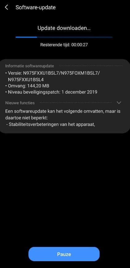 Captura de pantalla de la actualización a Android 10 del Samsung Galaxy Note 10.