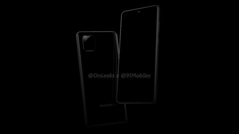 Render 3D de la silueta del Samsung Galaxy Note 10 Lite de frente y de espaldas.
