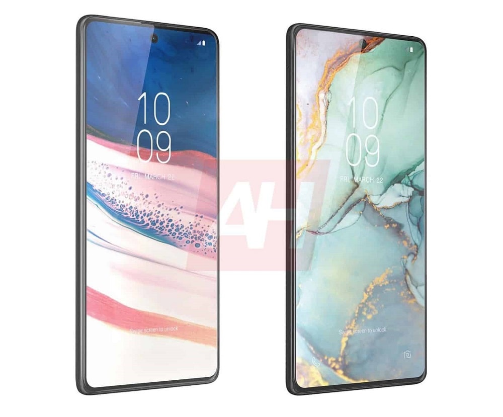 Render 3D que muestra el diseño frontal del Samsung Galaxy Note 10 Lite y el Galaxy S10 Lite.