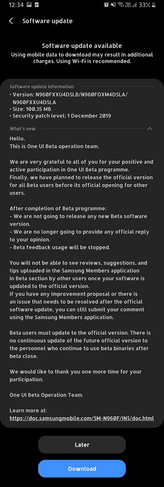 Detalle de la última actualización de Android para el Samsung Galaxy Note 9.