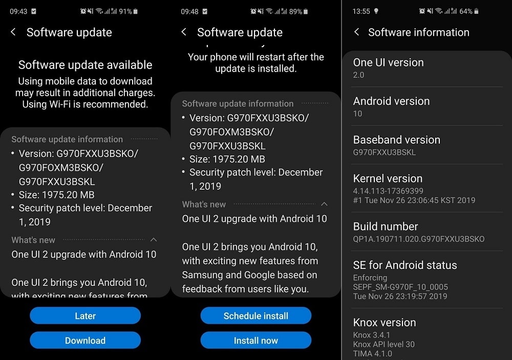 Capturas de pantalla del Samsung Galaxy S10e descargando Android 10 y One UI 2.0.