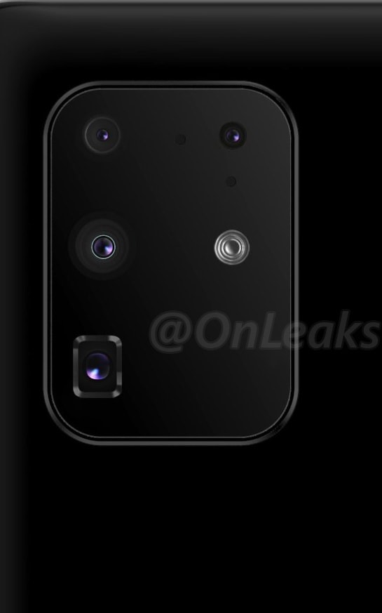 Render 3D filtrado mostrando el diseño de la cámara trasera del Samsung Galaxy S11+.