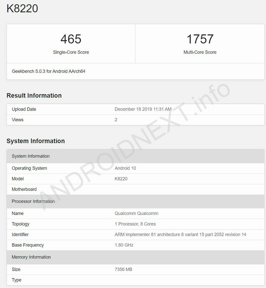 Benchmark del Sony K8220 revelando un Snapdragon 765G, 8GB de RAM y Android 10.