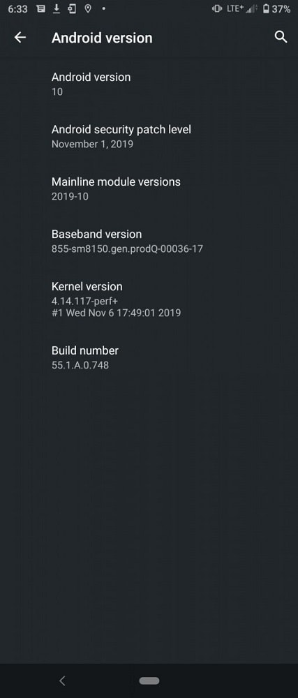 Captura de pantalla del Sony Xperia 1 recibiendo Android 10.