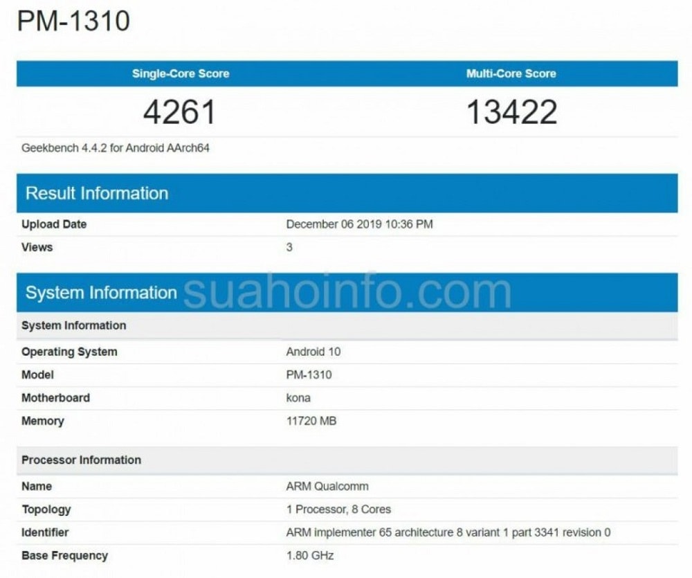 Resultados de la prueba de rendimiento del Sony Xperia 3 en Geekbench.