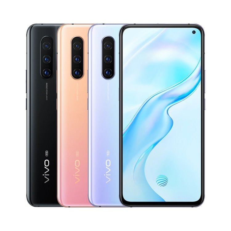 Render oficial del diseño frontal y dorsal del Vivo X30 en tres colores diferentes.