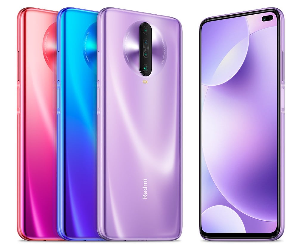 Render oficial del diseño frontal y dorsal del Xiaomi Redmi K30 en tres colores diferentes.
