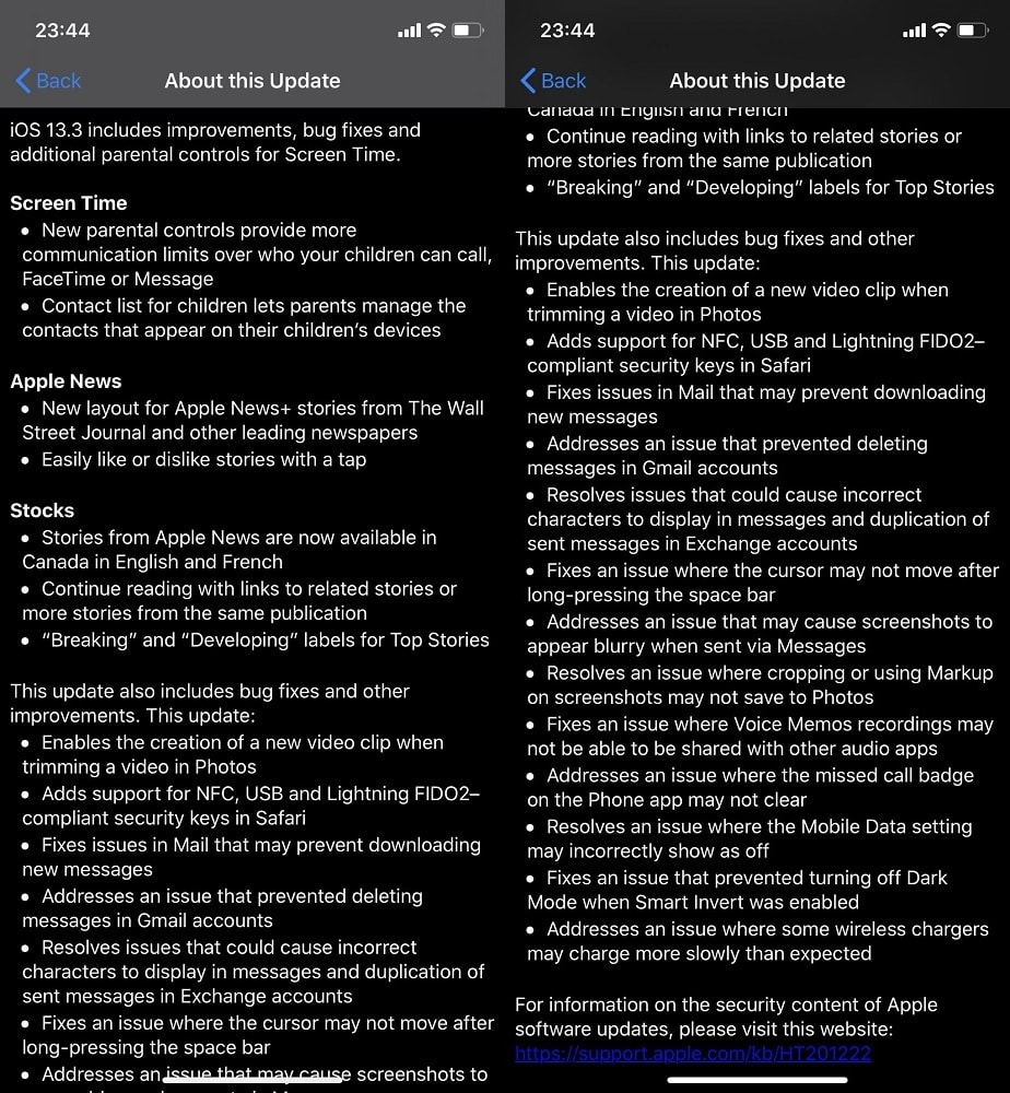 Capturas de pantalla de los detalles de la actualización a iOS 13.3.