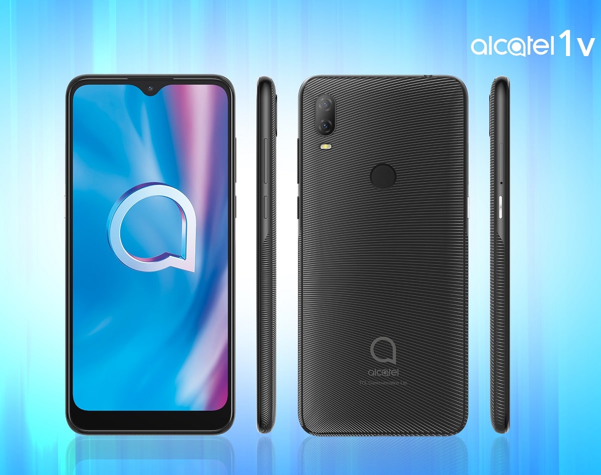 Render oficial del diseño frontal y dorsal del Alcatel 1V 2020 en color negro.