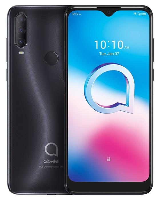 Diseño frontal y dorsal del Alcatel 3L 2020 en color negro.