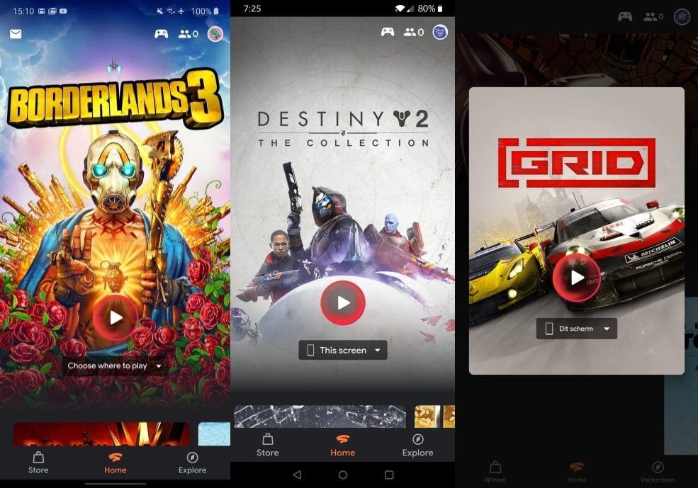 Capturas de pantalla de Google Stadia en tres flagships diferentes.