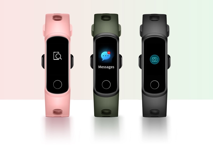 Huawei Honor Band 5i mostrando su pantalla y sus mallas en tres colores diferentes.