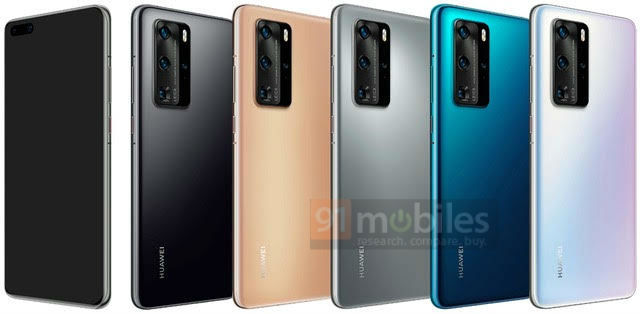 Render filtrado del diseño frontal y dorsal del Huawei P40 Pro con cámara cuádruple.