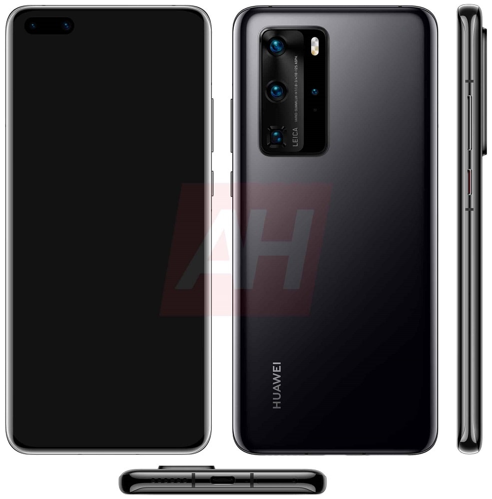 Render filtrado con el diseño frontal, dorsal y lateral del Huawei P40 Pro.
