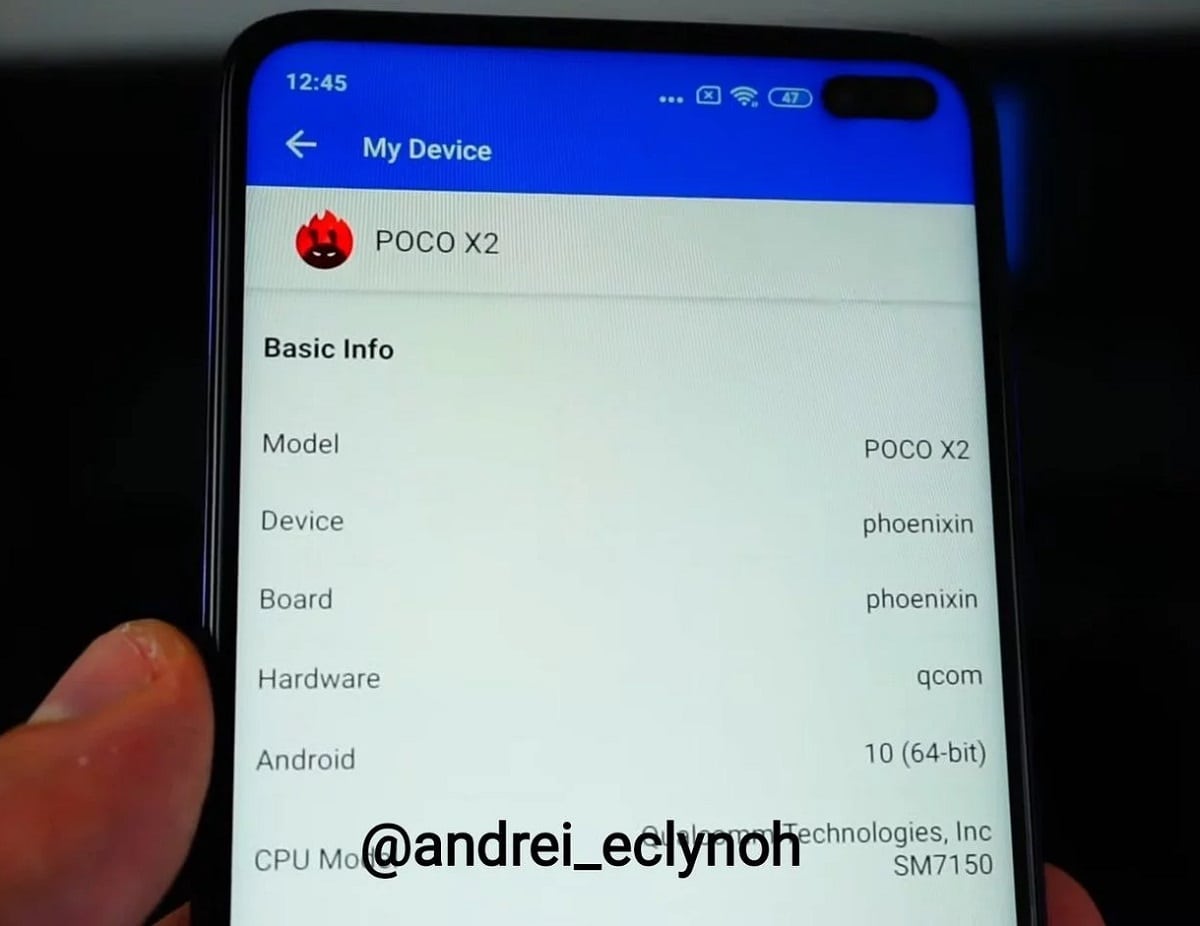 Fotografía filtrada del diseño frontal del POCO X2 revelando su procesador.