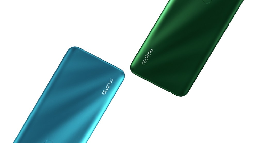 Diseño posterior parcial del Realme 5i en colores verde y azul marino.