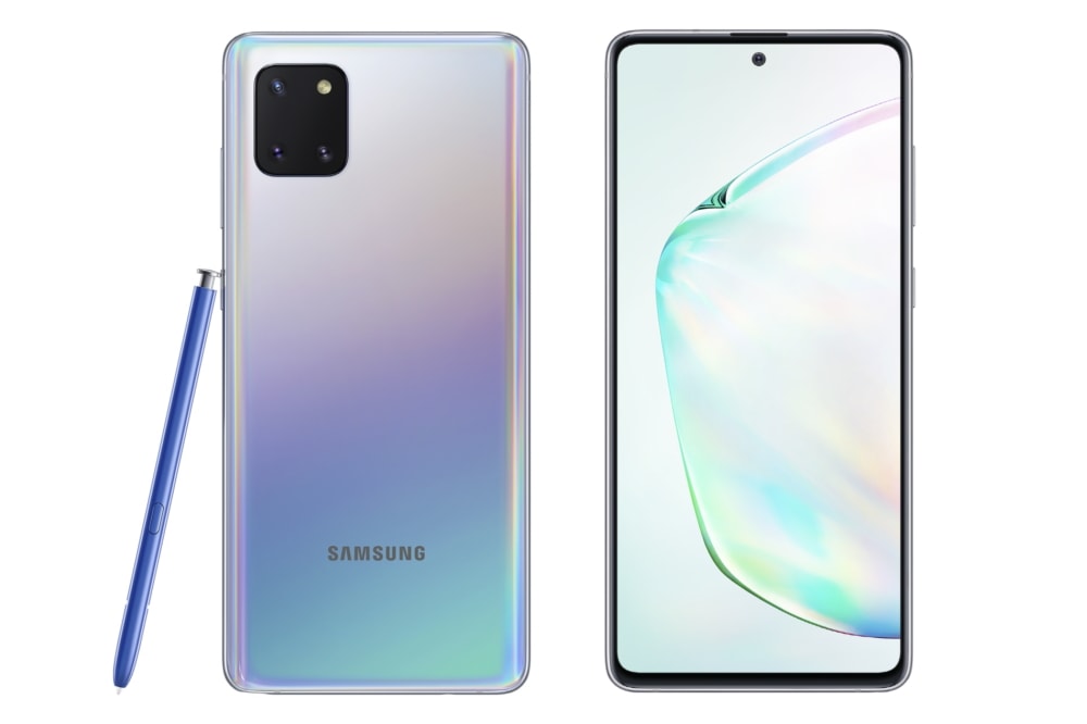 Diseño frontal y dorsal del Samsung Galaxy Note 10 Lite color Aura Glow.