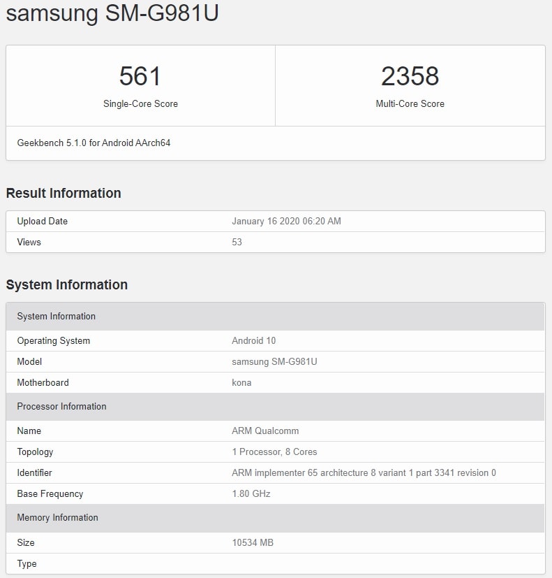 Benchmark en Geekbench del Samsung Galaxy S20 5G.
