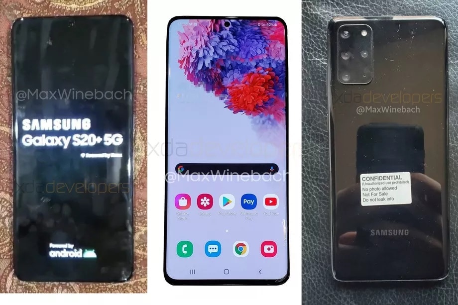 Diseño frontal y dorsal filtrado del Samsung Galaxy S20+.