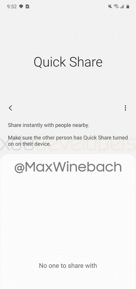 Captura de pantalla filtrada del sistema Samsung Quick Share.