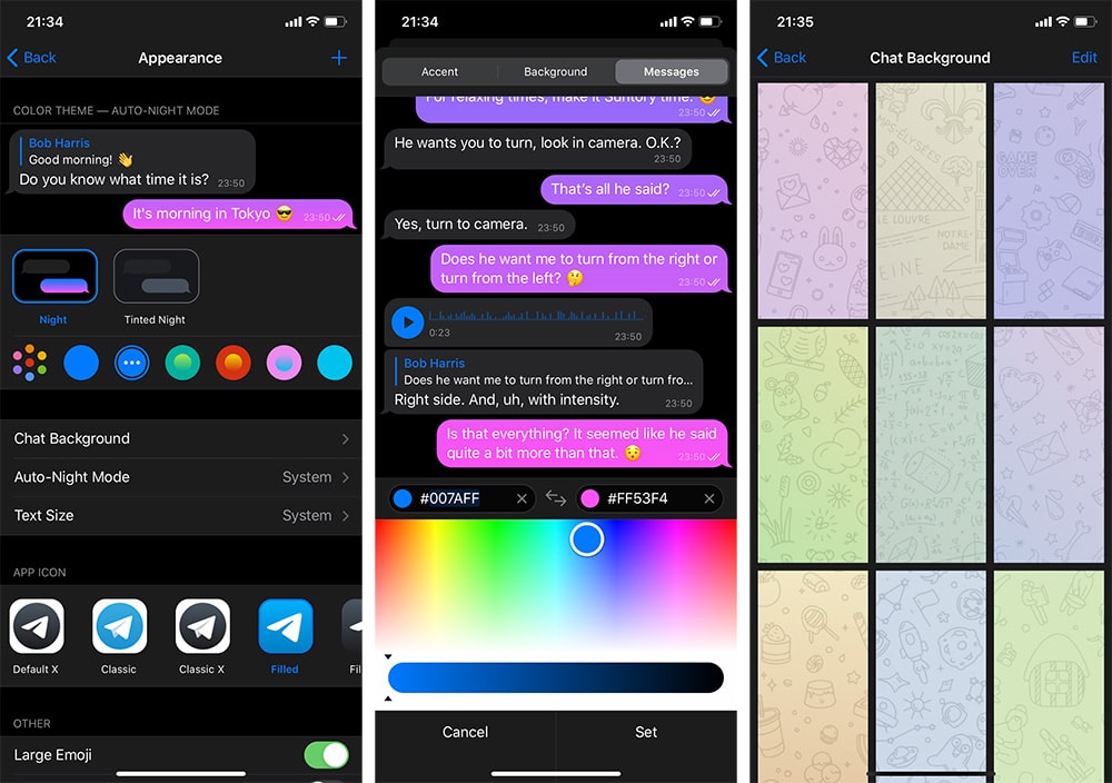 Capturas de pantalla del nuevo Theme Editor 2.0 de Telegram.