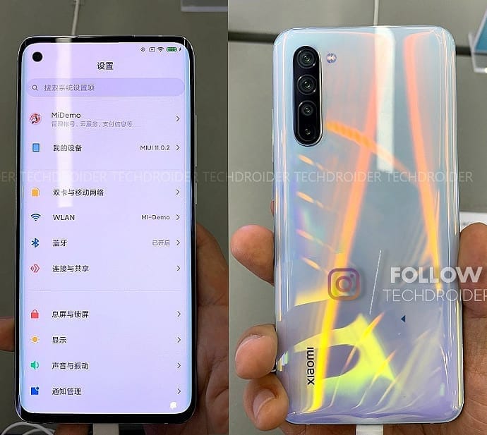 Diseño frontal y dorsal filtrado del Xiaomi Mi 10 color blanco iridiscente.
