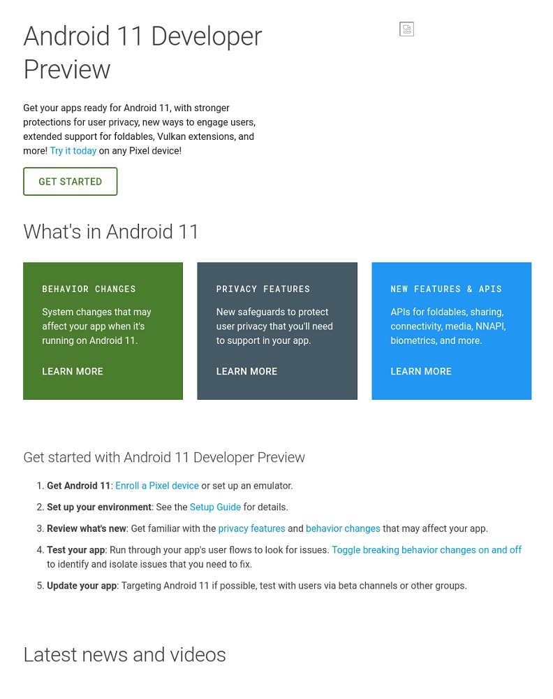 Captura de pantalla del accidentalmente iniciado Developer Program de Android 11.