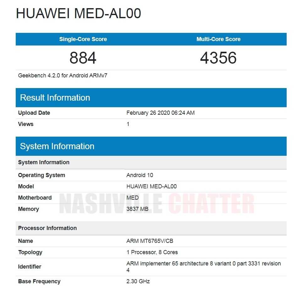 Características filtradas por Geekbench del Huawei MED-AL00.