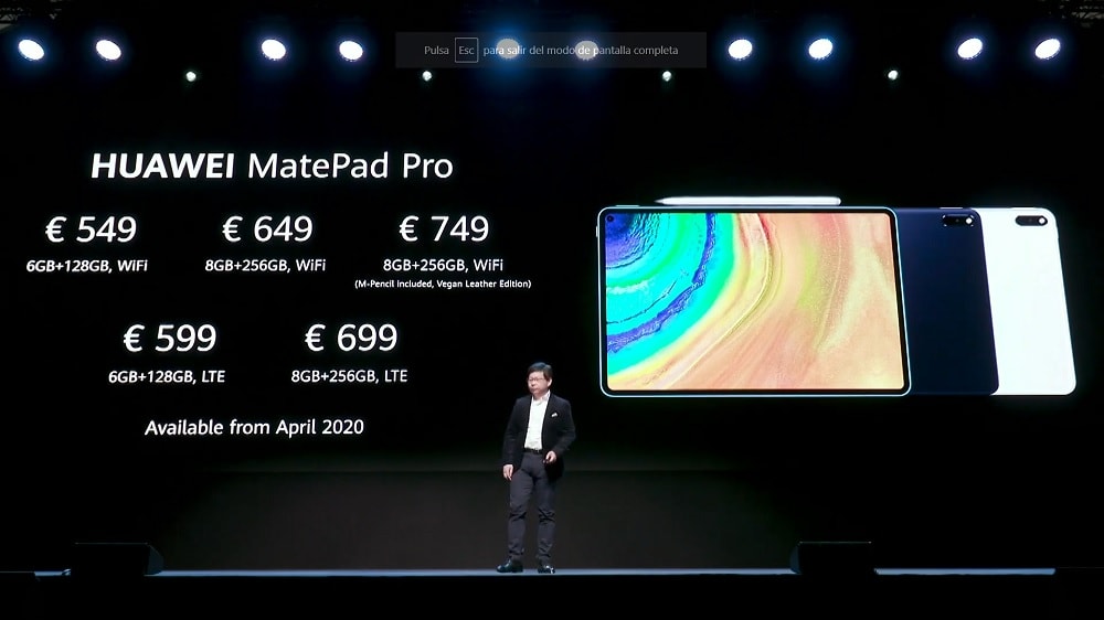 Captura de pantalla con los precios de la Huawei MatePad Pro con conectividad Wi-Fi y LTE.