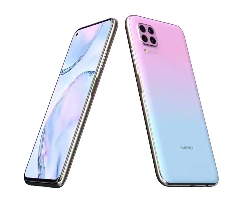 Render oficial del diseño dorsal, frontal y lateral del Huawei P40 Lite.