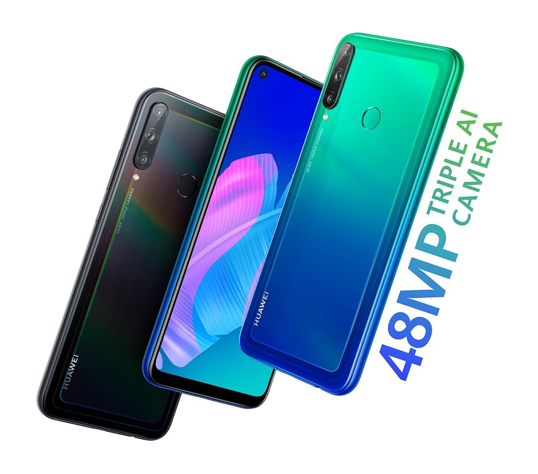 Ilustración del diseño frontal y dorsal del Huawei Y7p en colores Midnight Black y Aurora Blue.
